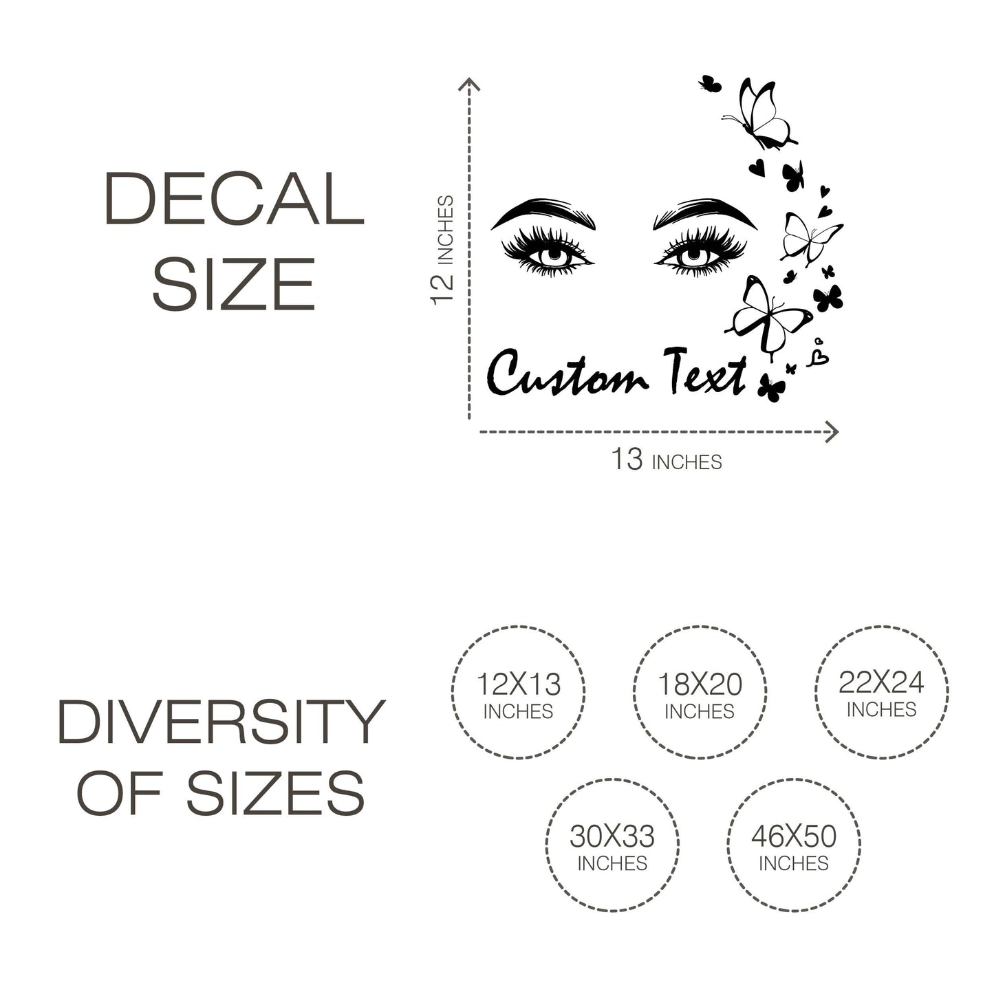 Beautiful eyes with butterflies Wall Decal with Custom Text -Stylish Women's Pretty Eyes Wall Sticker - Modern Beauty Salon Window Graphics