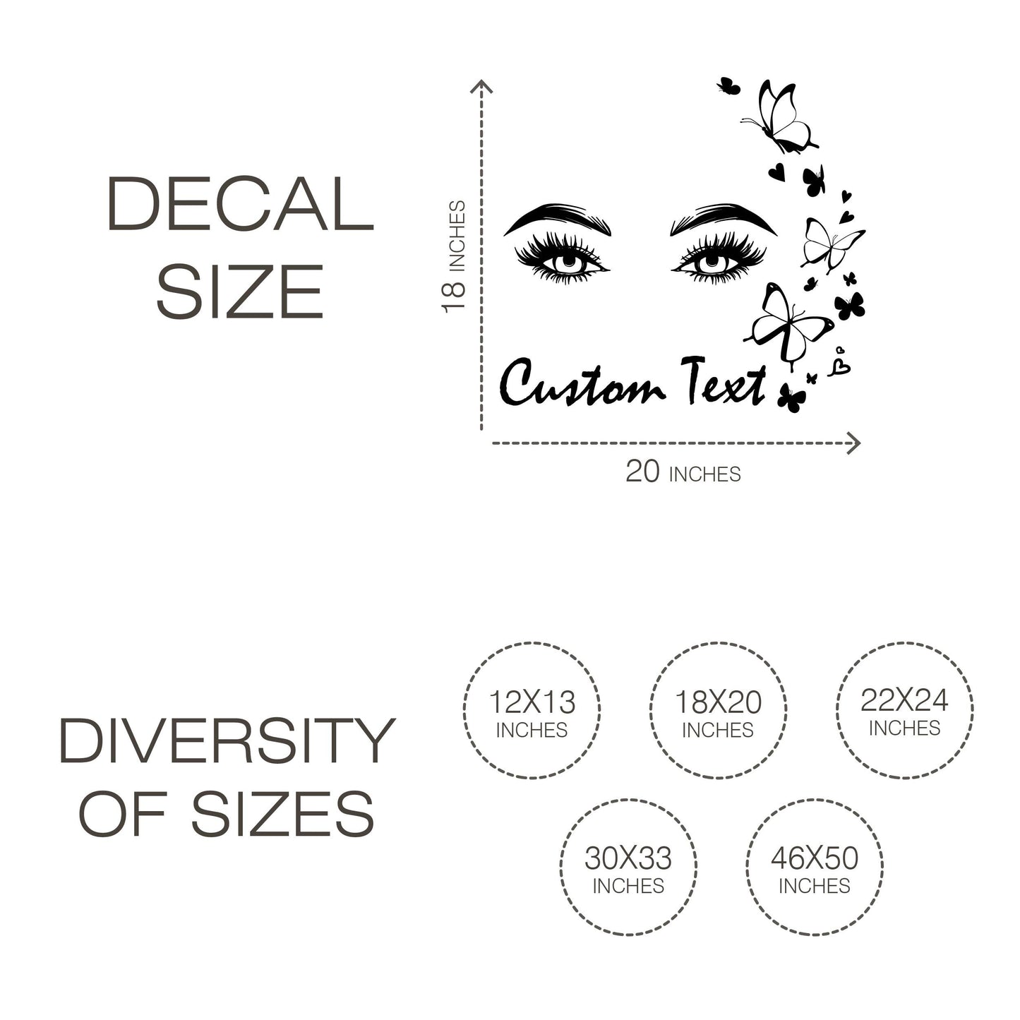 Beautiful eyes with butterflies Wall Decal with Custom Text -Stylish Women's Pretty Eyes Wall Sticker - Modern Beauty Salon Window Graphics
