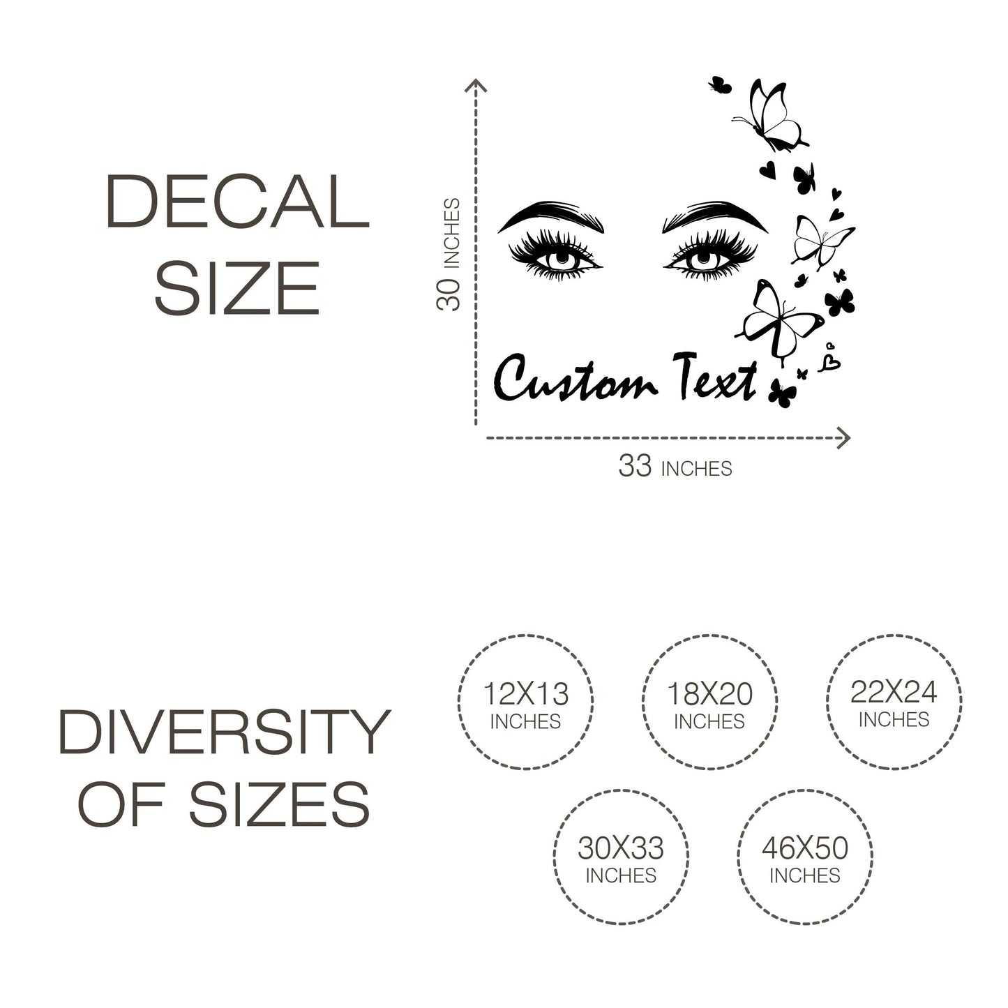 Beautiful eyes with butterflies Wall Decal with Custom Text -Stylish Women's Pretty Eyes Wall Sticker - Modern Beauty Salon Window Graphics
