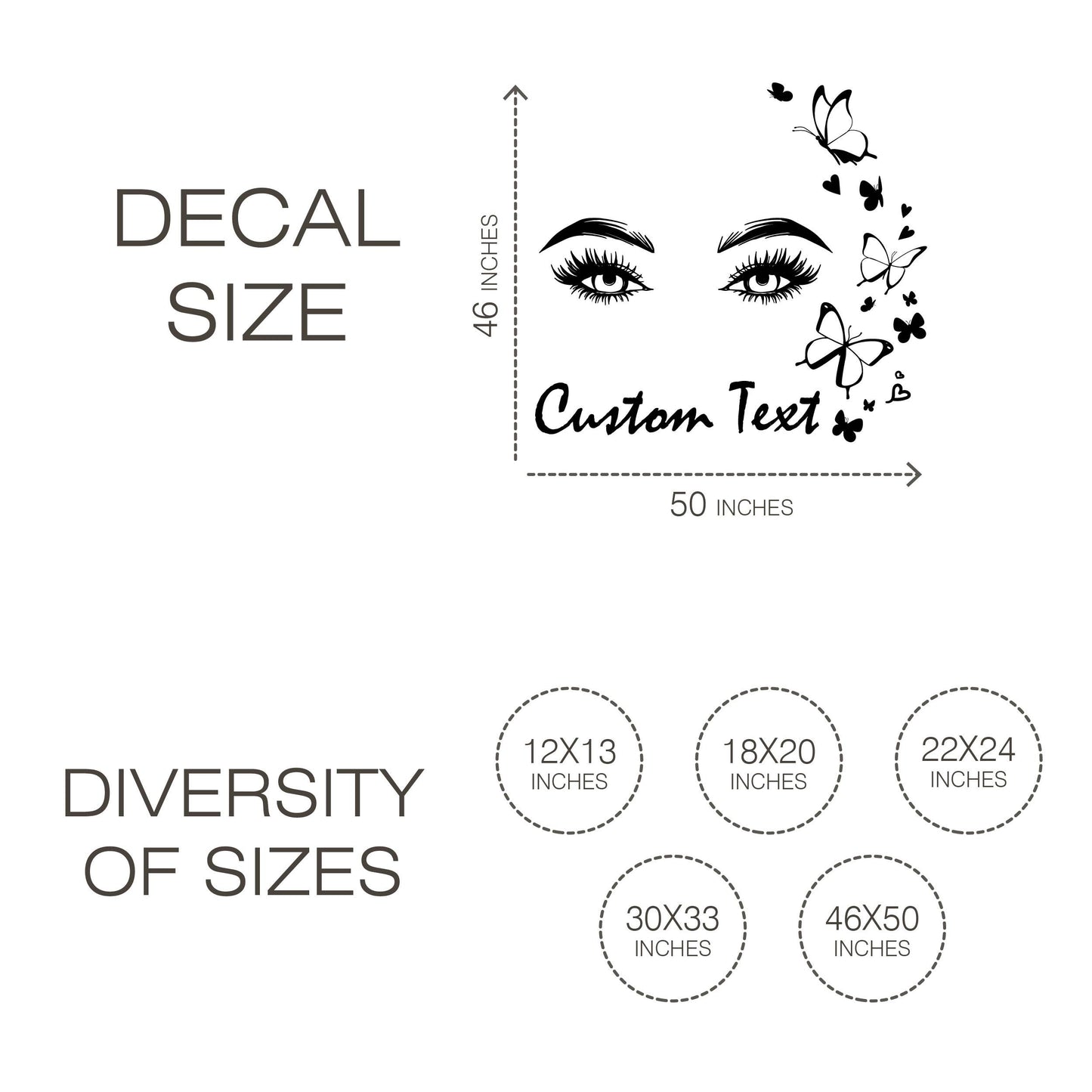 Beautiful eyes with butterflies Wall Decal with Custom Text -Stylish Women's Pretty Eyes Wall Sticker - Modern Beauty Salon Window Graphics