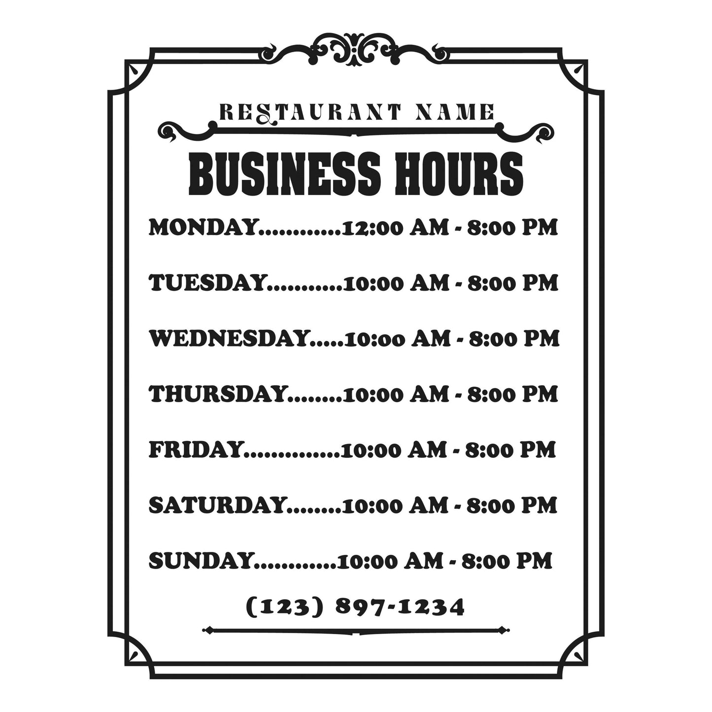 Business Hours for Restaurant - Custom Storefront Decal