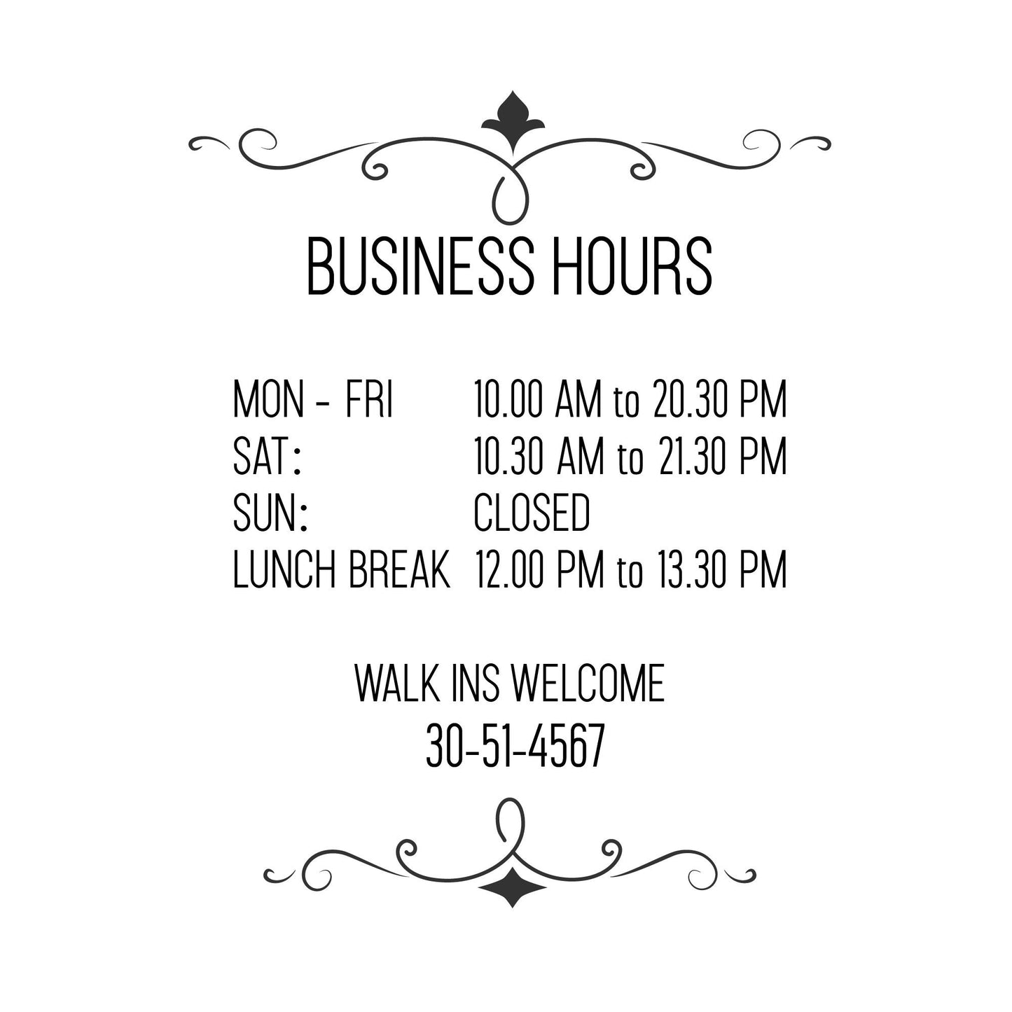 Window vinyl decal with busines hours and logo