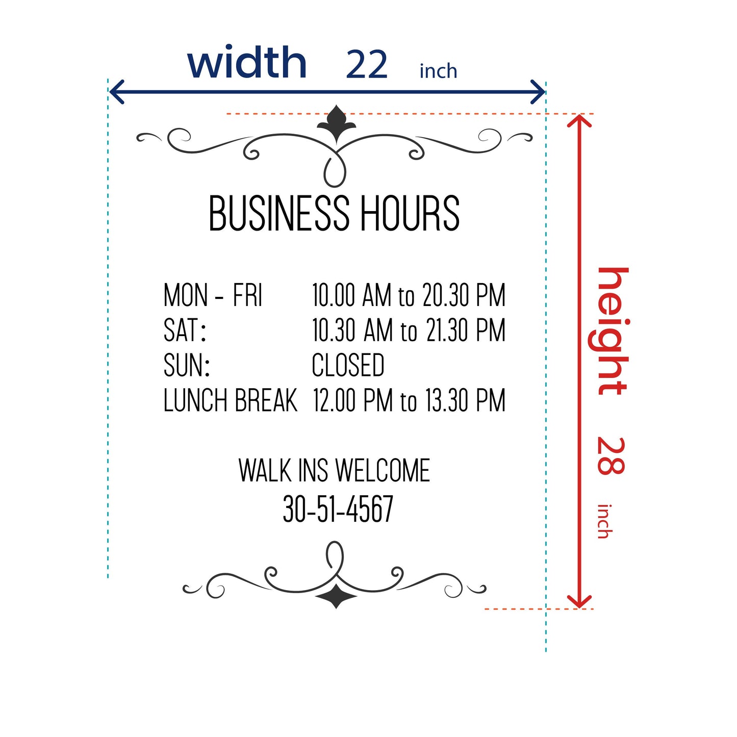 Window vinyl decal with busines hours and logo