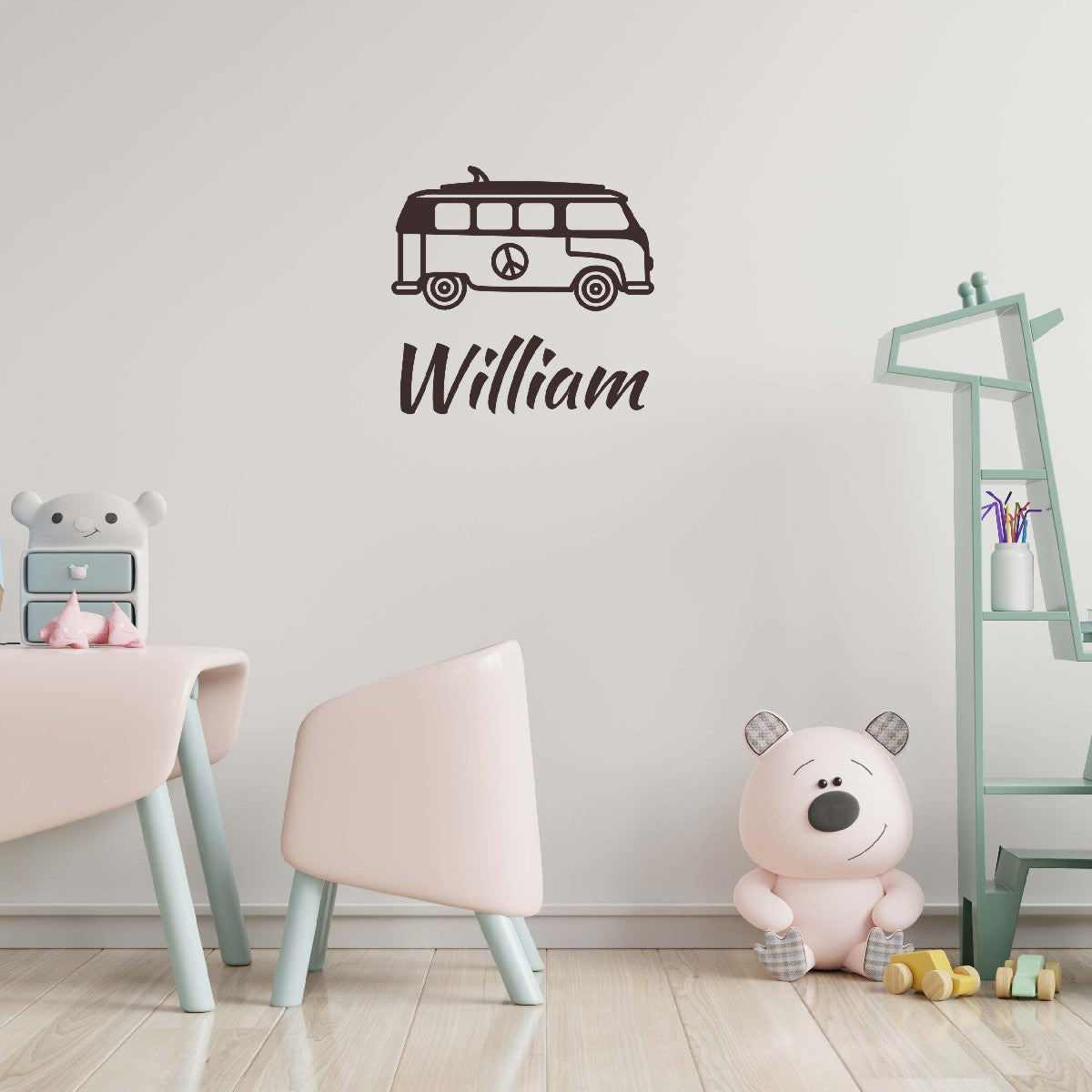 Personalized Name Stickers with Bus - Durable Custom Name Stickers for Furniture Laptops Doors - Easily-Applied Name Wall Decals for Kids Bedroom - Cool Name Decal