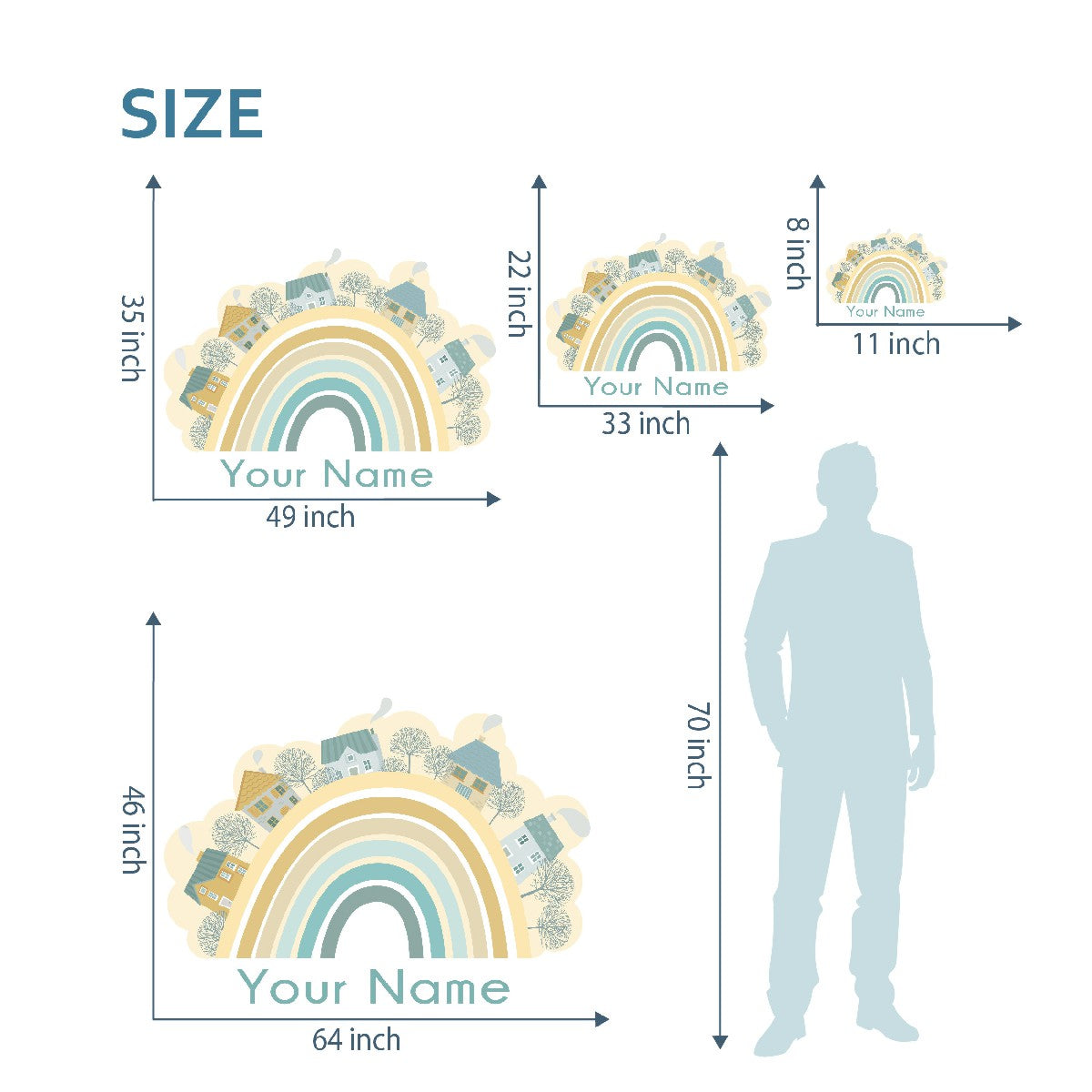 Boho Rainbow Decals for a Nursery or Kids Room - Boho Rainbow and Houses Wall Stickers - Boho Girl Bedroom Decor with Personalized Name