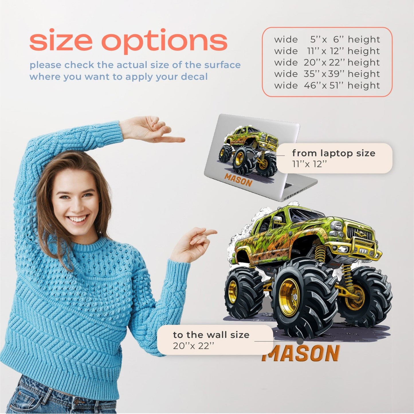 Monster Truck Wall Stickers - Large Monster Truck Wall Decals - Colored Monster Jam Wall Stickers - Personalized Name Wall Decal - Monster Trucks Wall Stickers