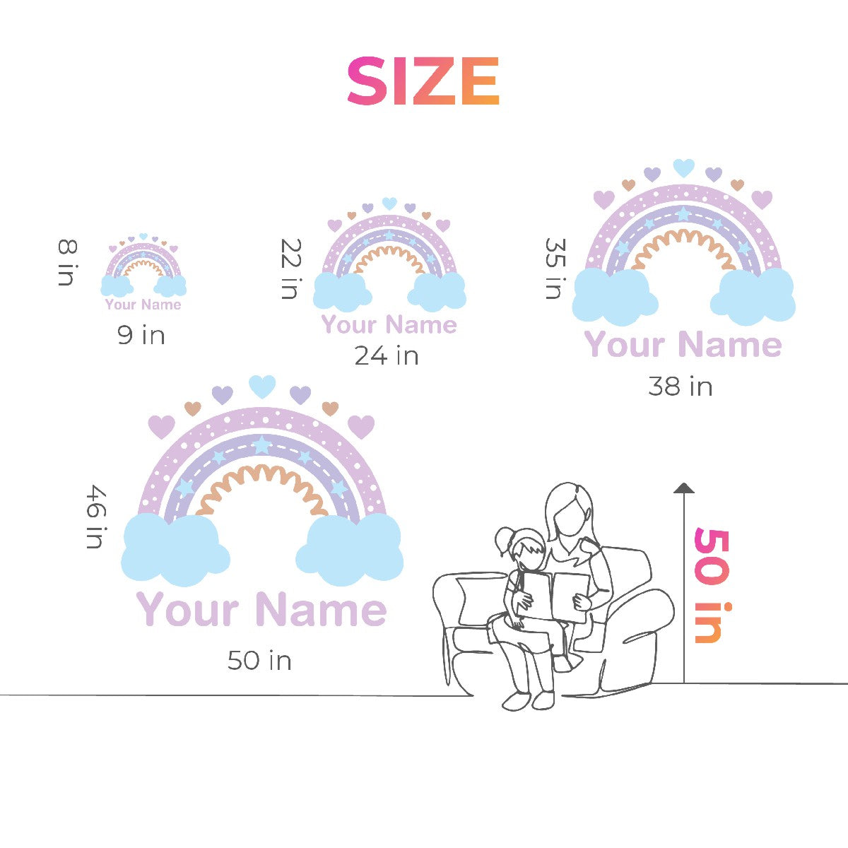 Boho Rainbow with Clouds and Hearts Wall Stickers - Boho Rainbow Decor for Nursery and Girls' Bedroom Decor - Boho Rainbow Name Decal