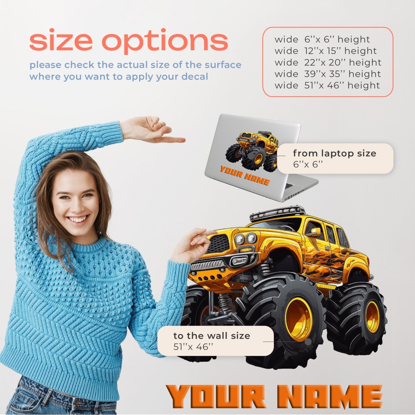 Personalized Wall Decal for Boys - Monster Truck Wall Decals for Kids Rooms - Boy Name Decals for Walls - Bedroom Car Wall Decals for Boys - Monster Truck Sticker