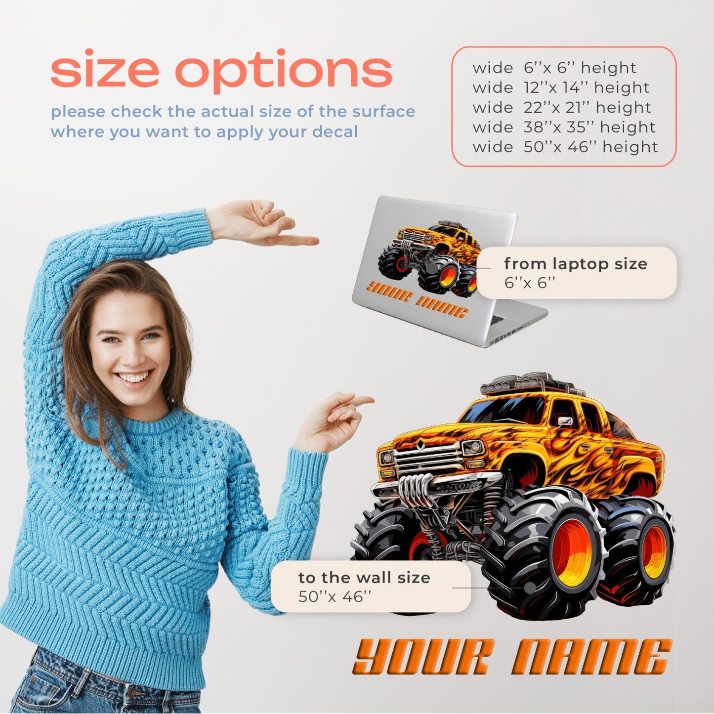 Monster Truck Wall Decals - Colored Monster Jam Wall Stickers - Customized Wall Decals with Colored Monsterr Truck - Monster Truck Bedroom Decor for Boys