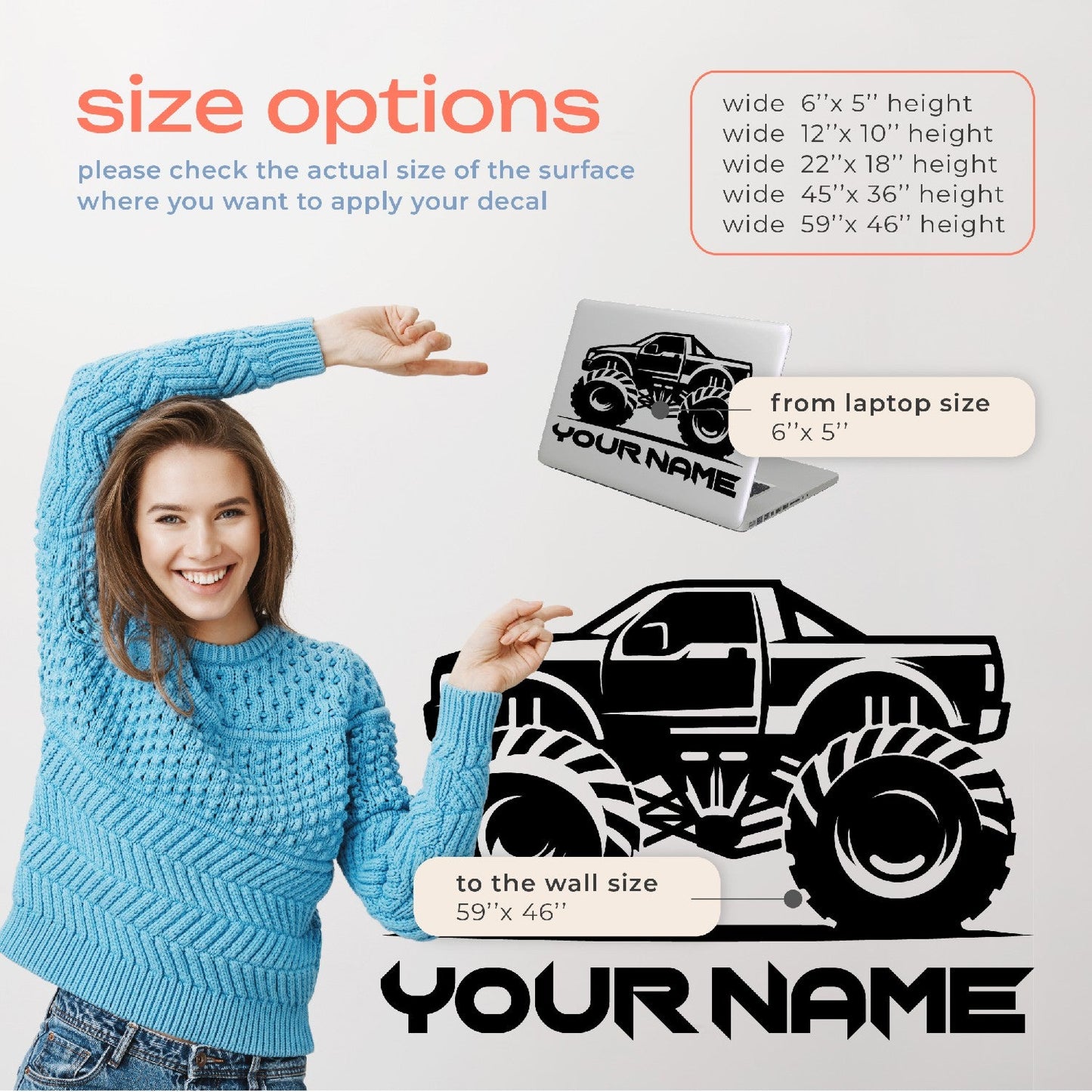 Monster Truck Wall Decal - Monster Truck Stickers for Kids - Name Wall Stickers for Kids Personalized - Personalize Monster Truck Wall Stickers