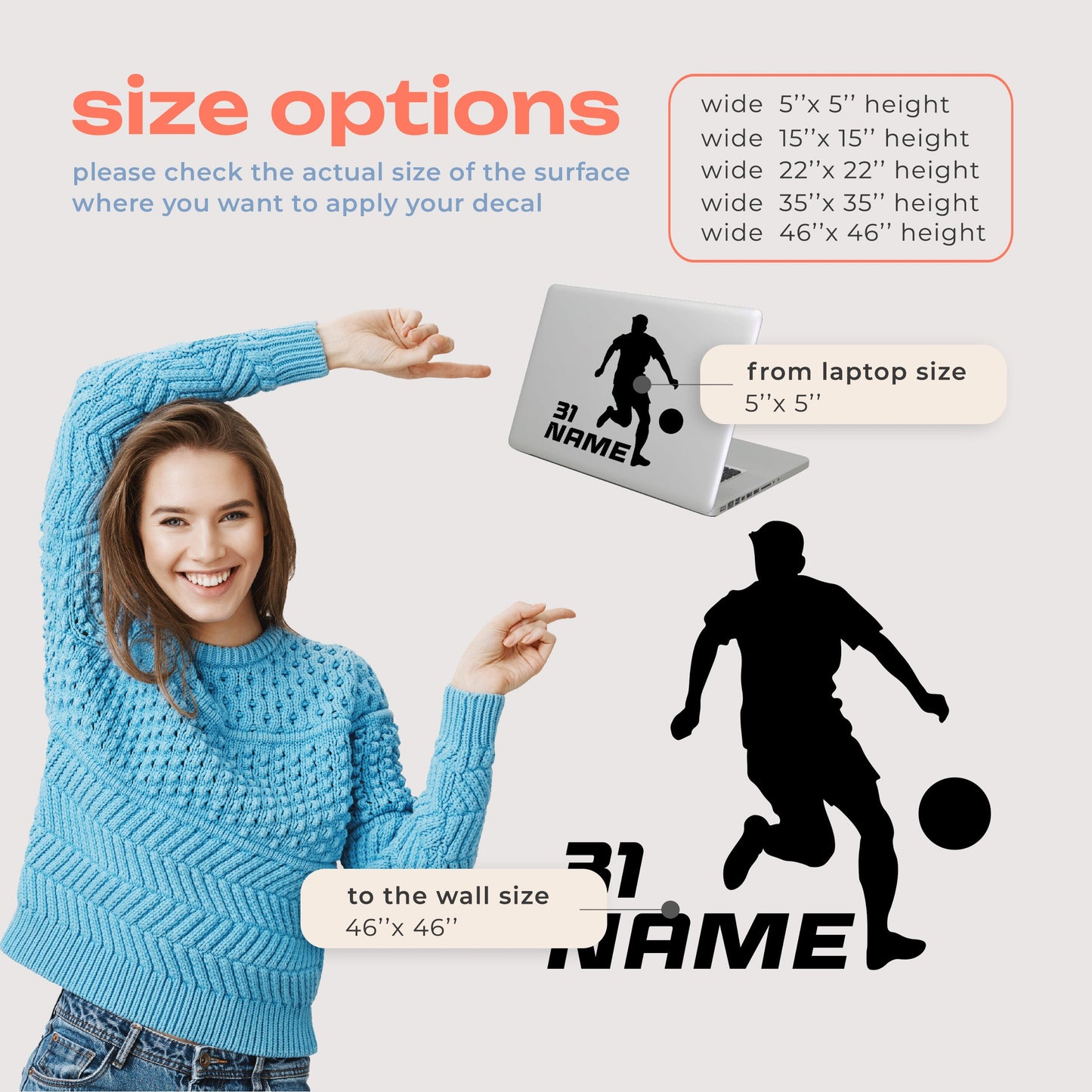 Soccer Wall Decals - Wall Soccer Decal - Life Size Soccer Player Wall Decals - Custom Name Wall Decal Soccer - Soccer Player Wall Decal
