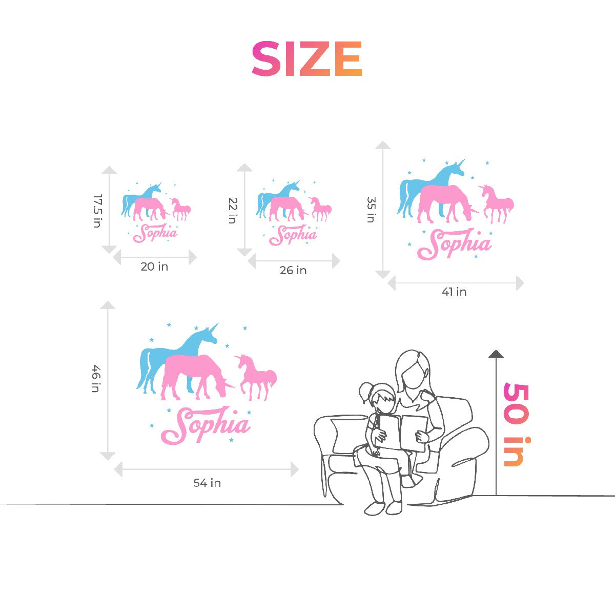 Custom Unicorn Family Wall Decals - Personalized Vinyl Stickers Featuring Unicorn Letters - Adorable Depiction of Cute Unicorn Family - Unicorn Wall Designs and Child's Name