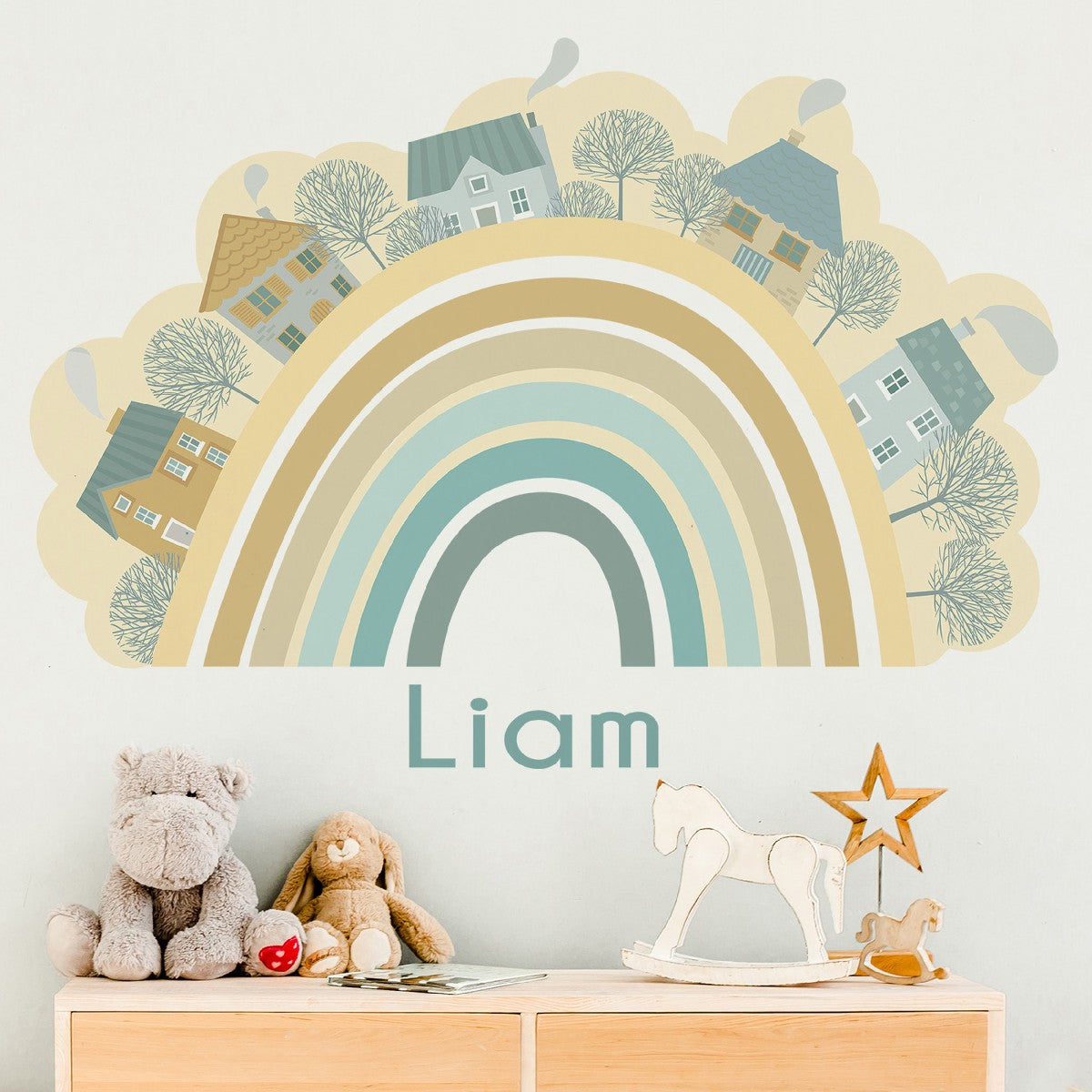 Boho Rainbow Decals for a Nursery or Kids Room - Boho Rainbow and Houses Wall Stickers - Boho Girl Bedroom Decor with Personalized Name