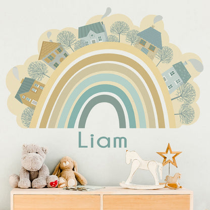 Boho Rainbow Decals for a Nursery or Kids Room - Boho Rainbow and Houses Wall Stickers - Boho Girl Bedroom Decor with Personalized Name
