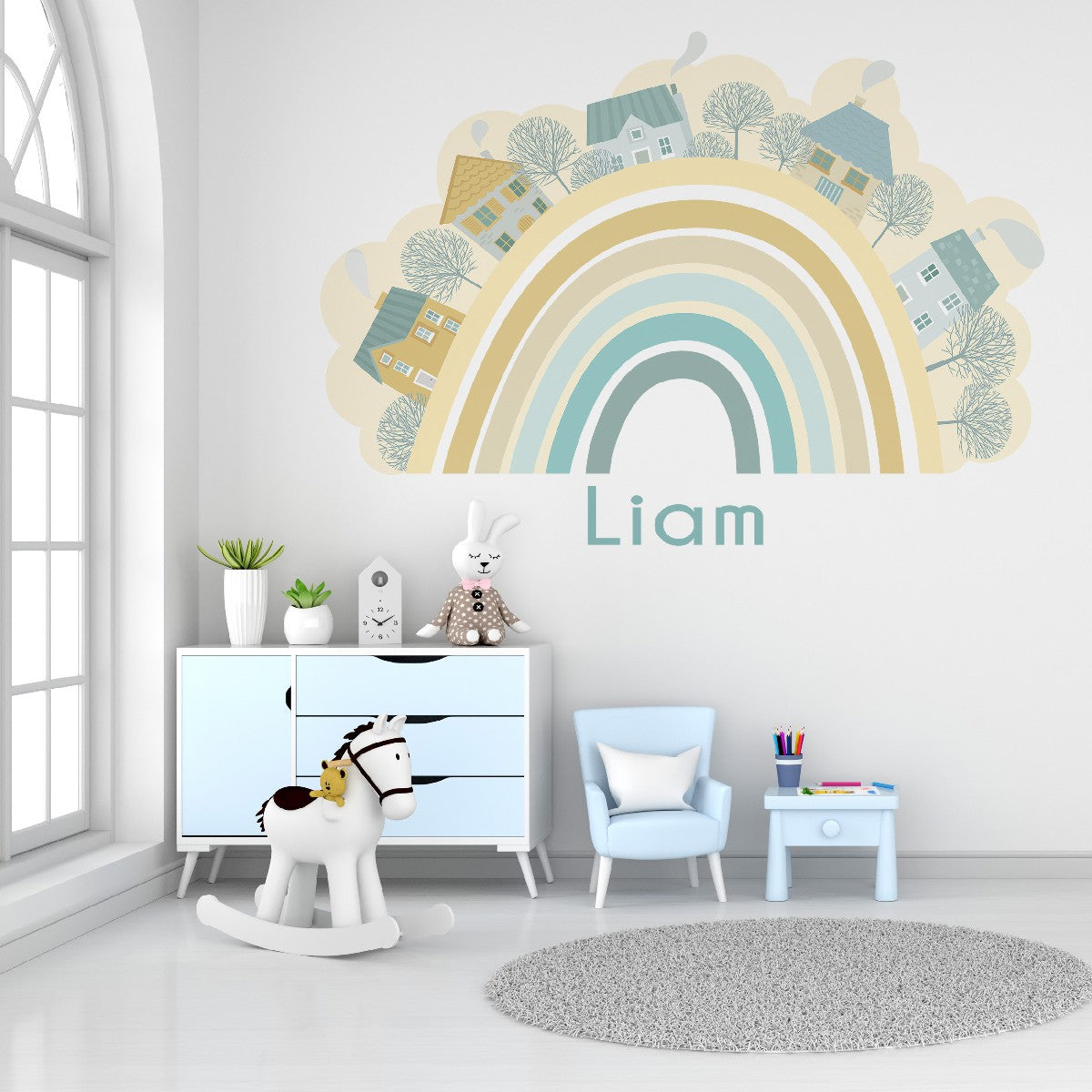 Boho Rainbow Decals for a Nursery or Kids Room - Boho Rainbow and Houses Wall Stickers - Boho Girl Bedroom Decor with Personalized Name