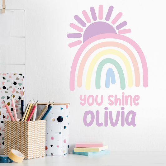 Boho Rainbow Wall Stickers - You Shine Name Wall Boho Rainbow Decal for Nursery Decor - Colorful and Stylish Boho Rainbow Wall Decor