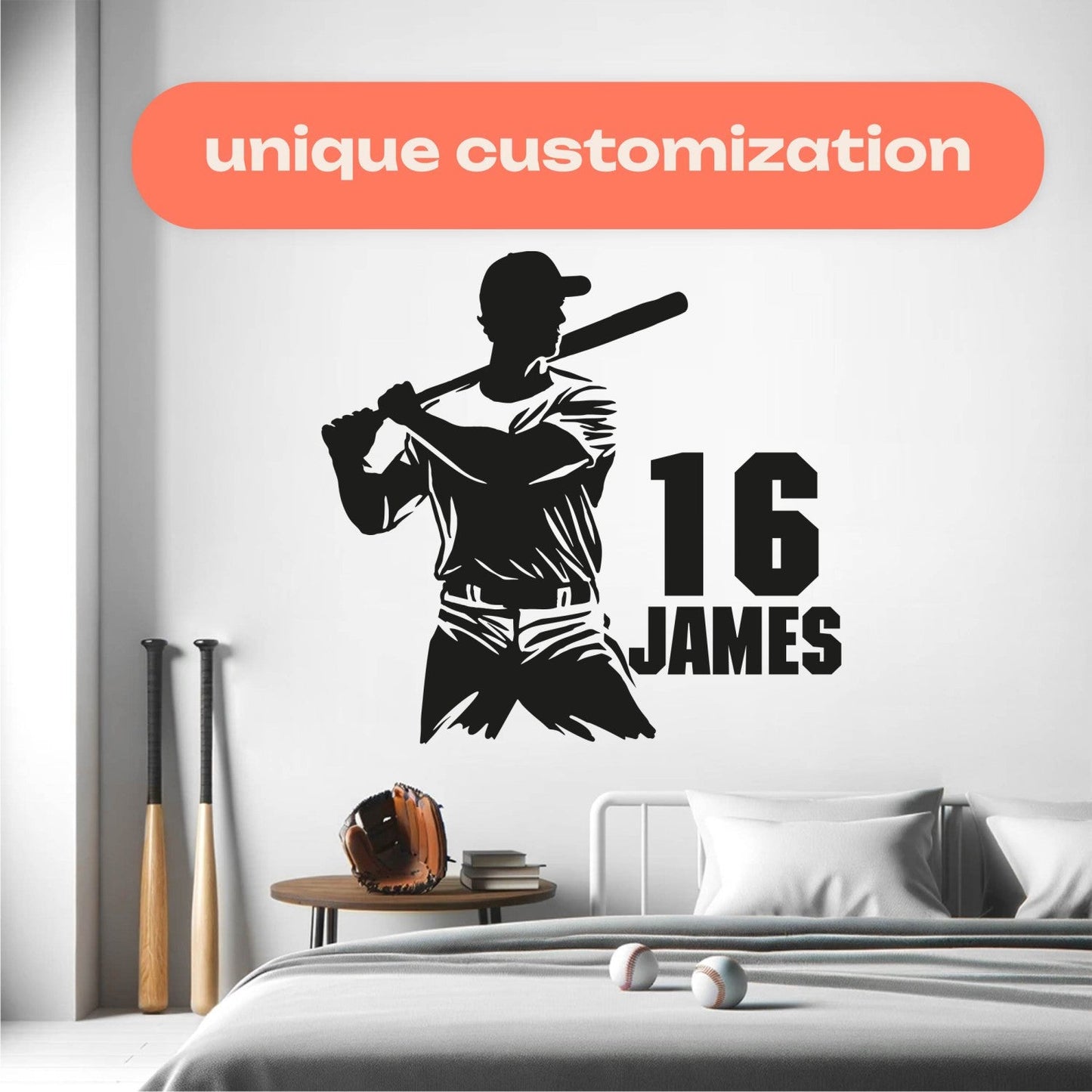 Personalized Baseball Player Wall Decals for Boys - Baseball Decal Bedroom - Custom Baseball Name Decal - Baseball Wall Name Decor - Custom Baseball Sticker