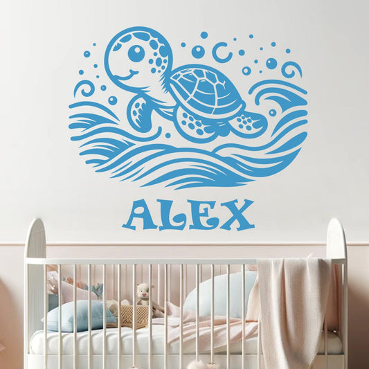 Sea Turtle Wall Stickers - Custom Name Wall Decal - Sea Turtle Vinyl Decal - Personalized Nursery Wall Stickers - Custom Name Decal with Cute Animals