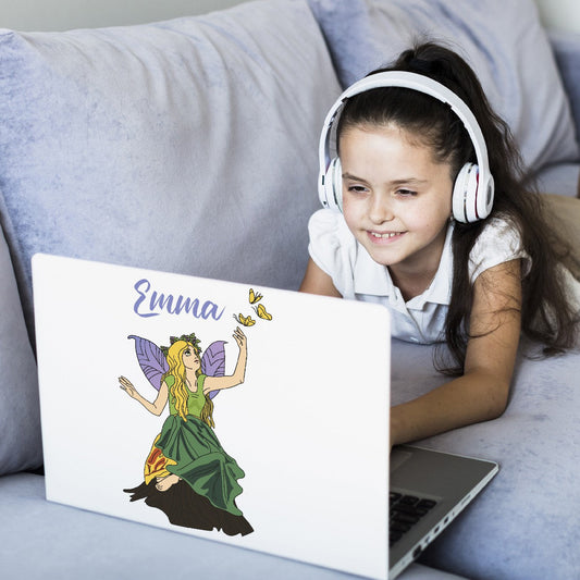 Personalized Name Stickers with Cartoon Girl and Butterflies - Durable Custom Name Stickers for Kids Bedroom Furniture and Laptop - Cool Name Wall Decals for Girls