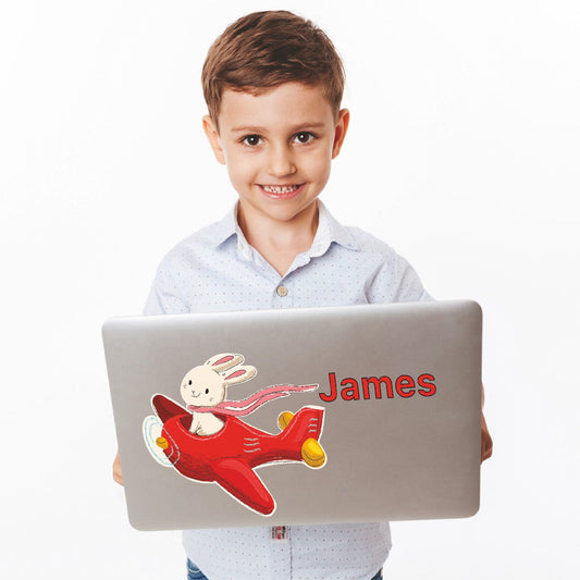 Personalized Name Stickers with Cartoon Rabbit in Airplane - Removable Name Decals for Walls Doors Furniture Laptop - Durable Custom Name Stickers for Kids Bedroom