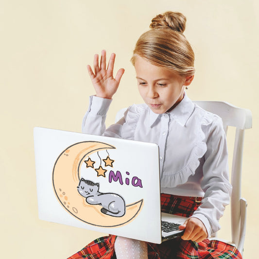 Personalized Name Stickers with Cat Sleeping on Moon - Fade-Resistant Name Wall Decals for Girls and Boys - Stunning Custom Name Stickers for Kids Bedroom and Laptop