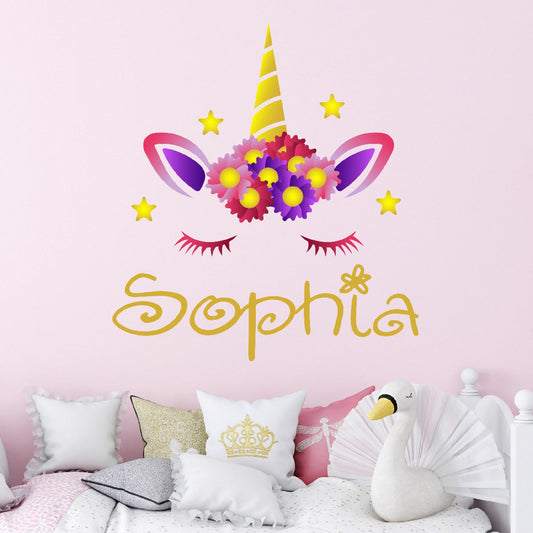Personalized Unicorn Name Wall Decal - Adorable Unicorn with Closed Eyes Sticker Design - Custom Name Vinyl Unicorn Stickers